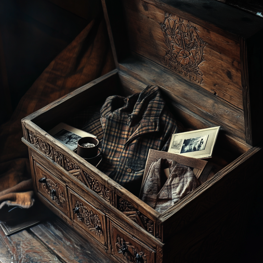 A lost beloved one's priceless belongings stashed in a wooden chest | Source: Midjourney