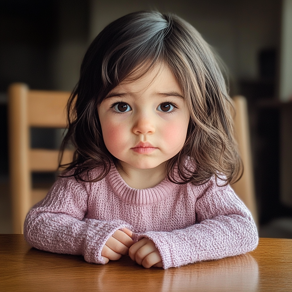 A little girl sitting at a table | Source: Midjourney