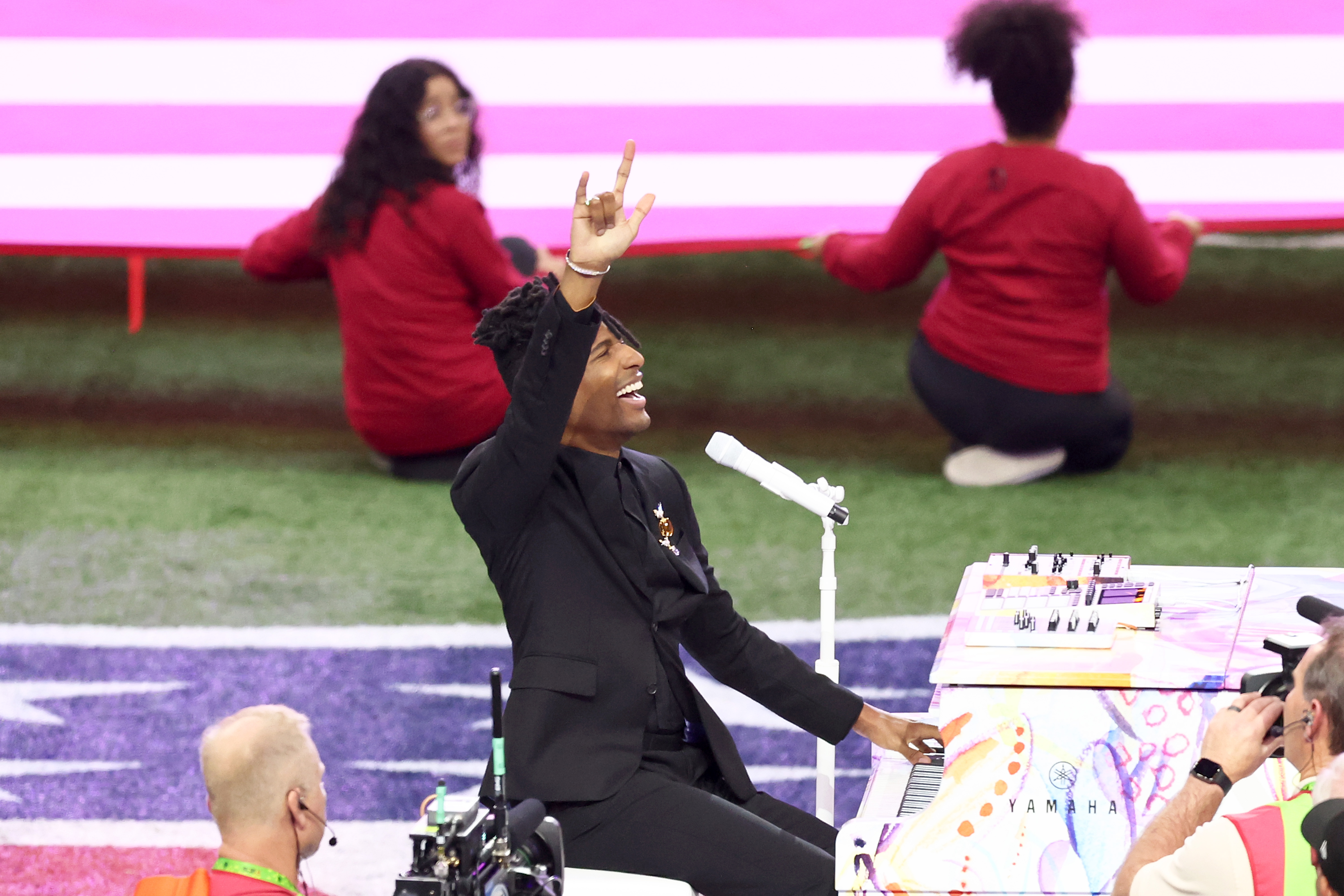 Jon Batiste performs the National Anthem onstage prior to Super Bowl LIX on February 9, 2025, in New Orleans, Louisiana. | Source: Getty Images