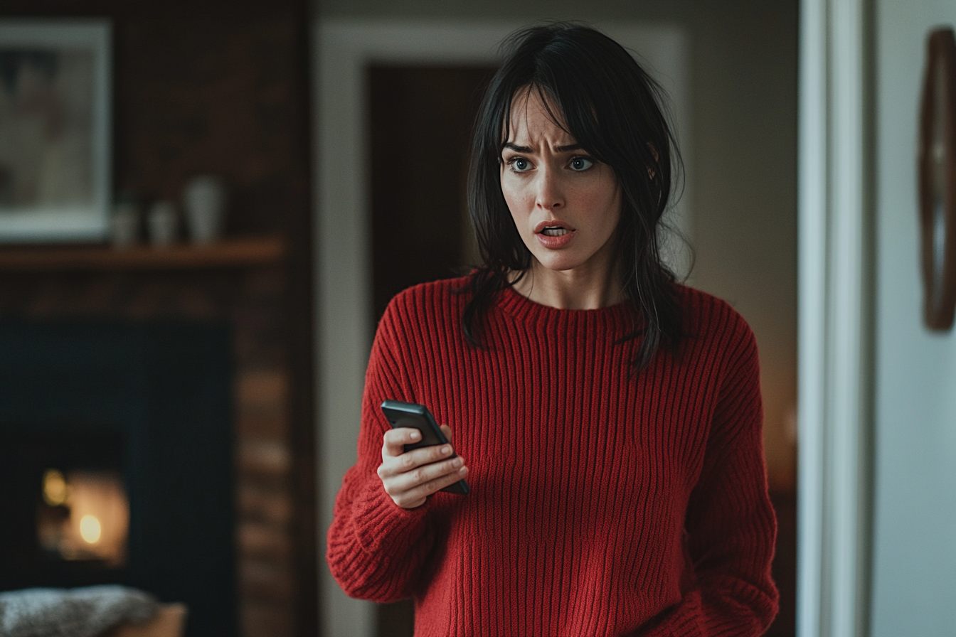 A woman speaking angrily to someone while holding her phone | Source: Midjourney