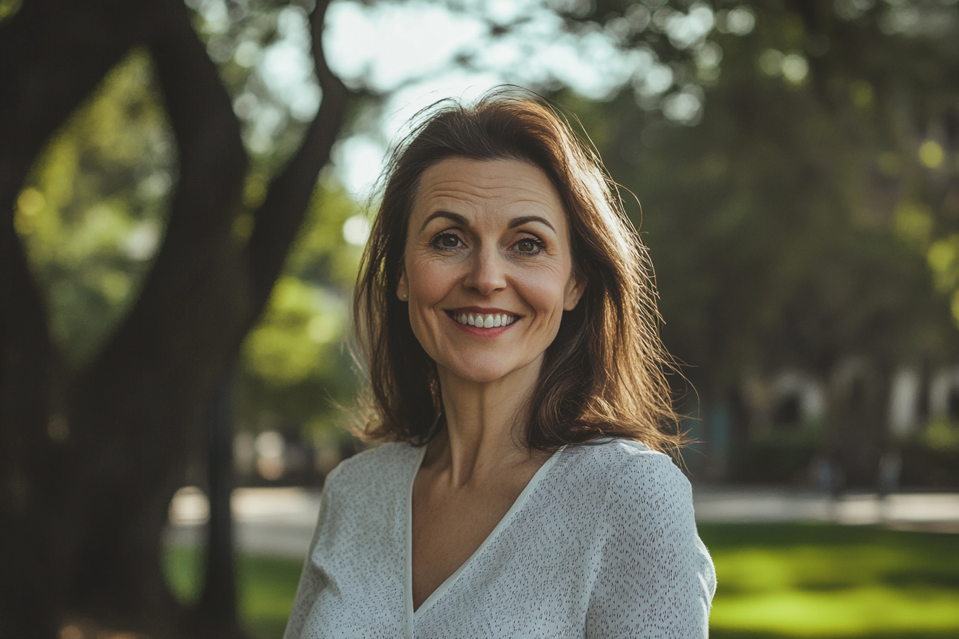 A happy woman standing in a city park | Source: Midjourney