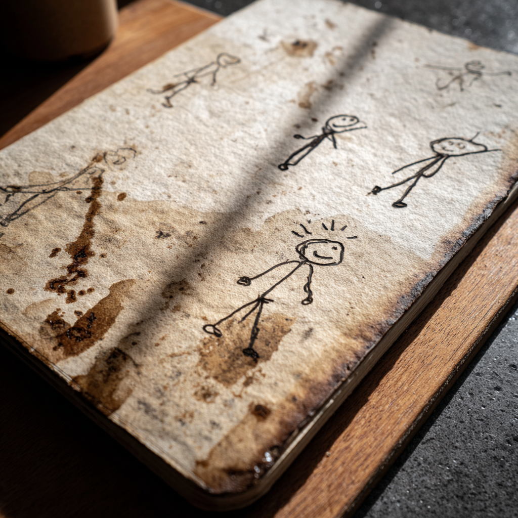 A little rugged notebook with stick figure drawings and wine-stained pages | Source: Midjourney