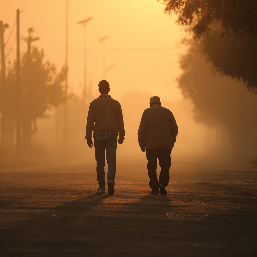 A young man walking on the road with an older man | Source: Midjourney