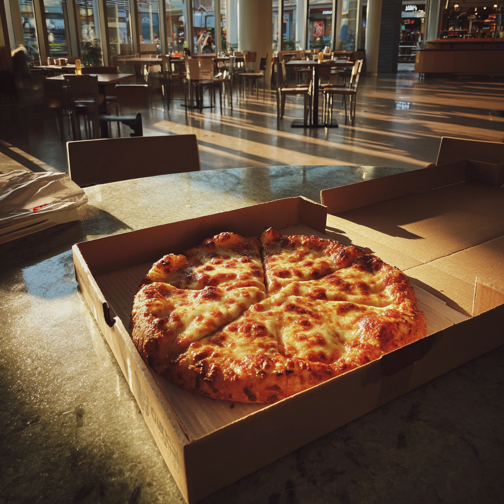 A box of pizza on a food court table | Source: Midjourney