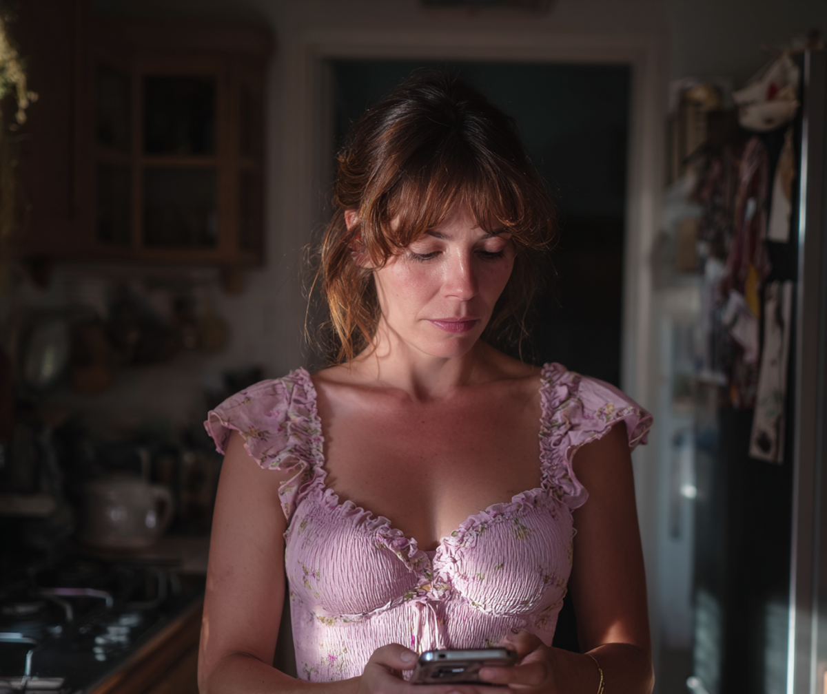 A woman standing in a kitchen and texting | Source: Midjourney