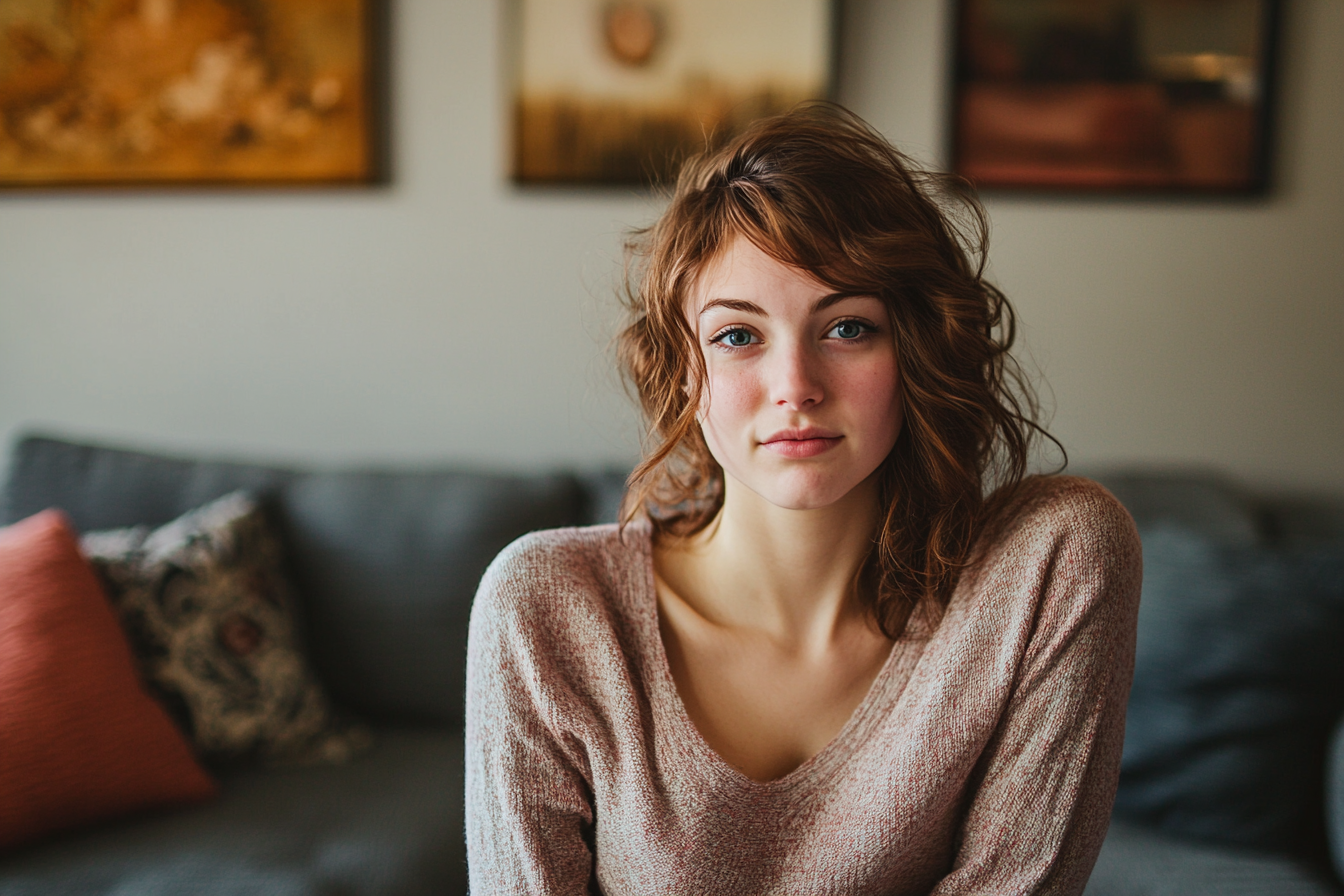 A woman in a living room with a thoughtful look on her face | Source: Midjourney