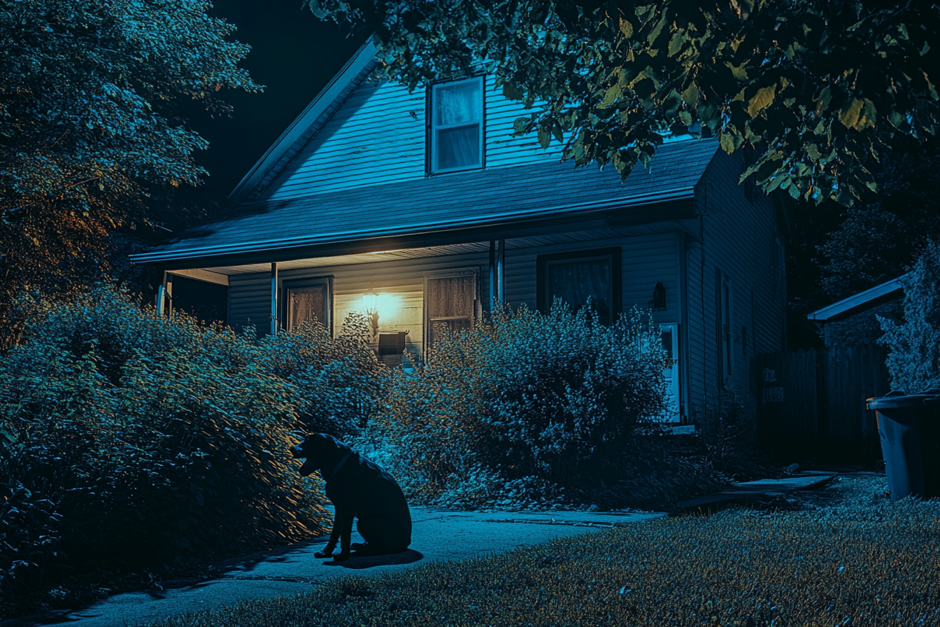 A dog standing by the bushes of a two-story house | Source: Midjourney