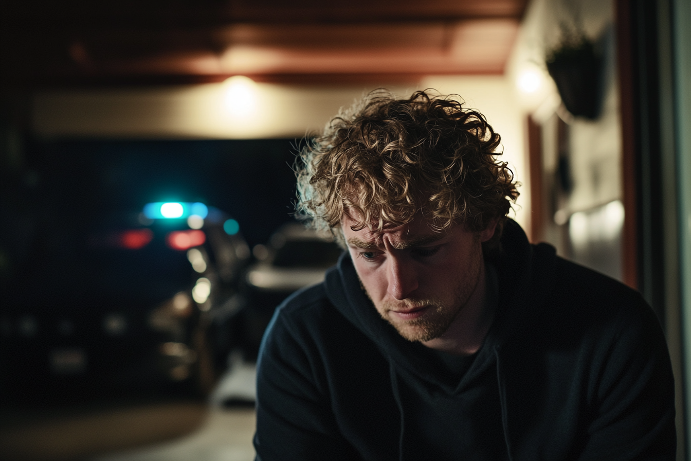 Man in his early 40s looking down sadly while standing in a garage with police cars behind him | Source: Midjourney