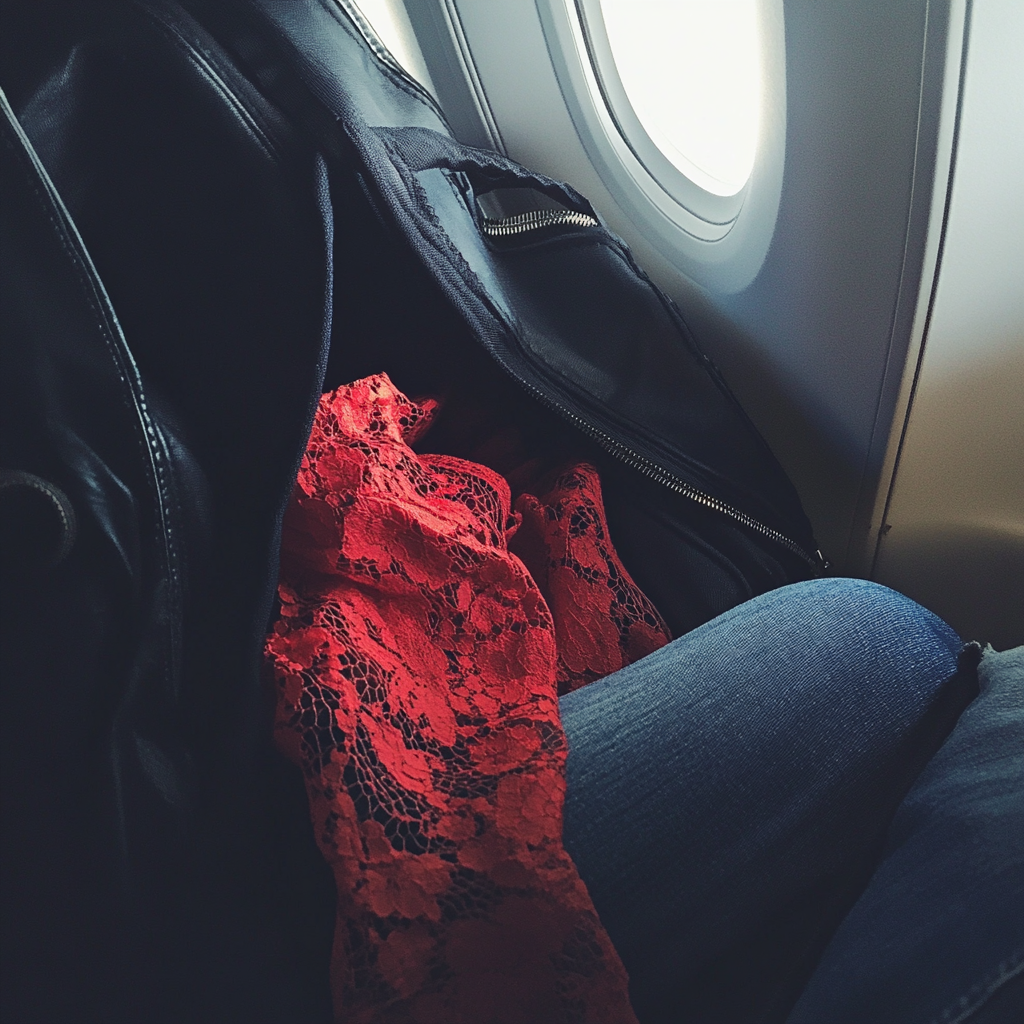 Flight Attendant Woke Me Up & Told Me to Check My Husband's Bag While He Was Away — I Never Expected What I Found 5 Red lace in a duffel bag | Source: Midjourney