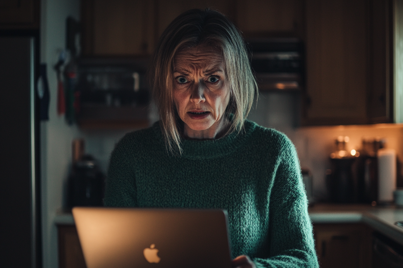 An older woman in a kitchen, shocked and afraid while holding a laptop | Source: Midjourney