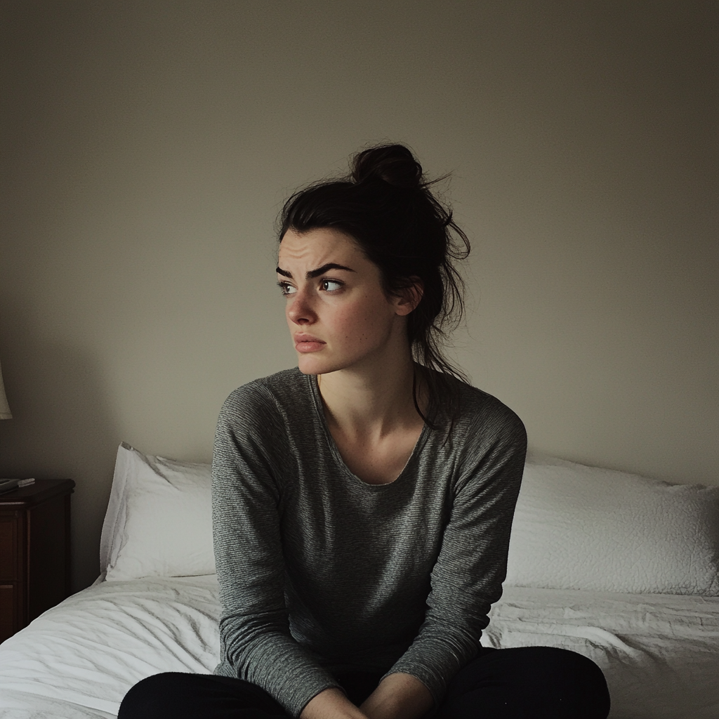 A woman sitting on her bed | Source: Midjourney