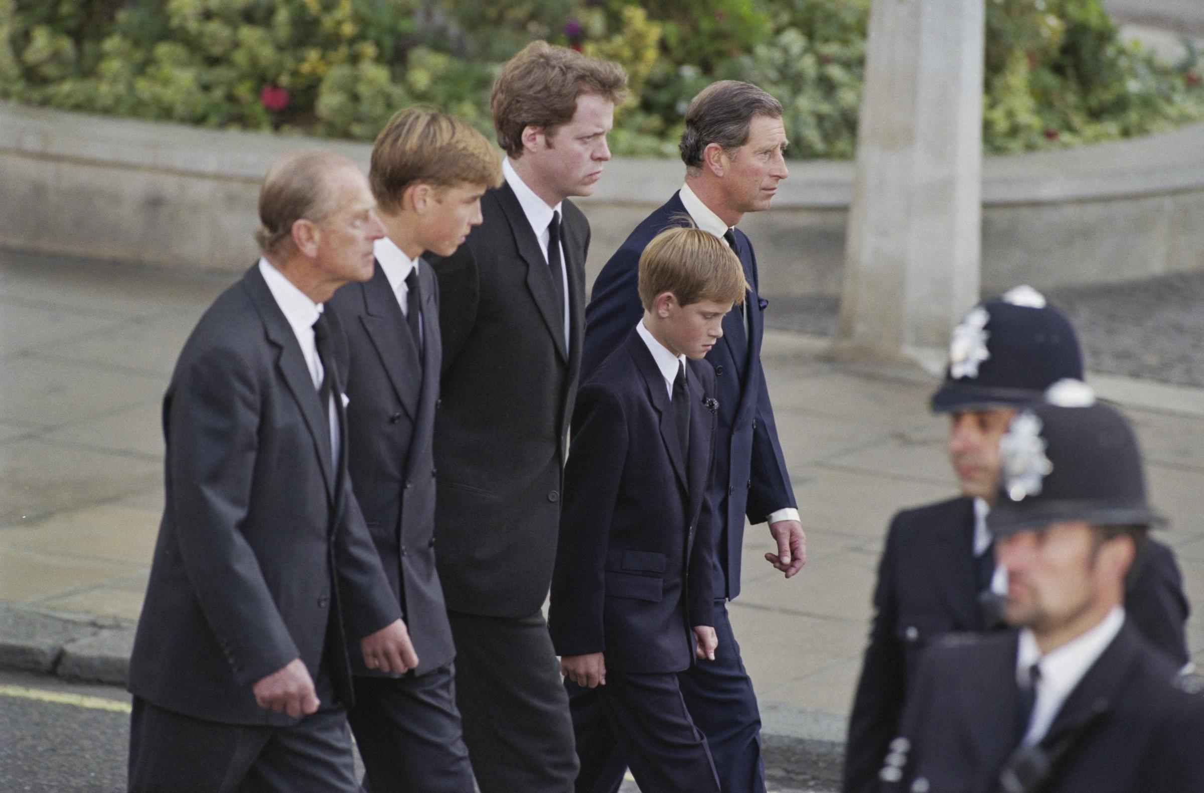 Prince Philip, Duke of Edinburgh, Prince William, Charles Spencer, 9th Earl Spencer, Prince Harry, and Prince Charles, Prince of Wales, attending the funeral service for Diana, Princess of Wales at Westminster Abbey, London, England on September 6, 1997. | Source: Getty Images