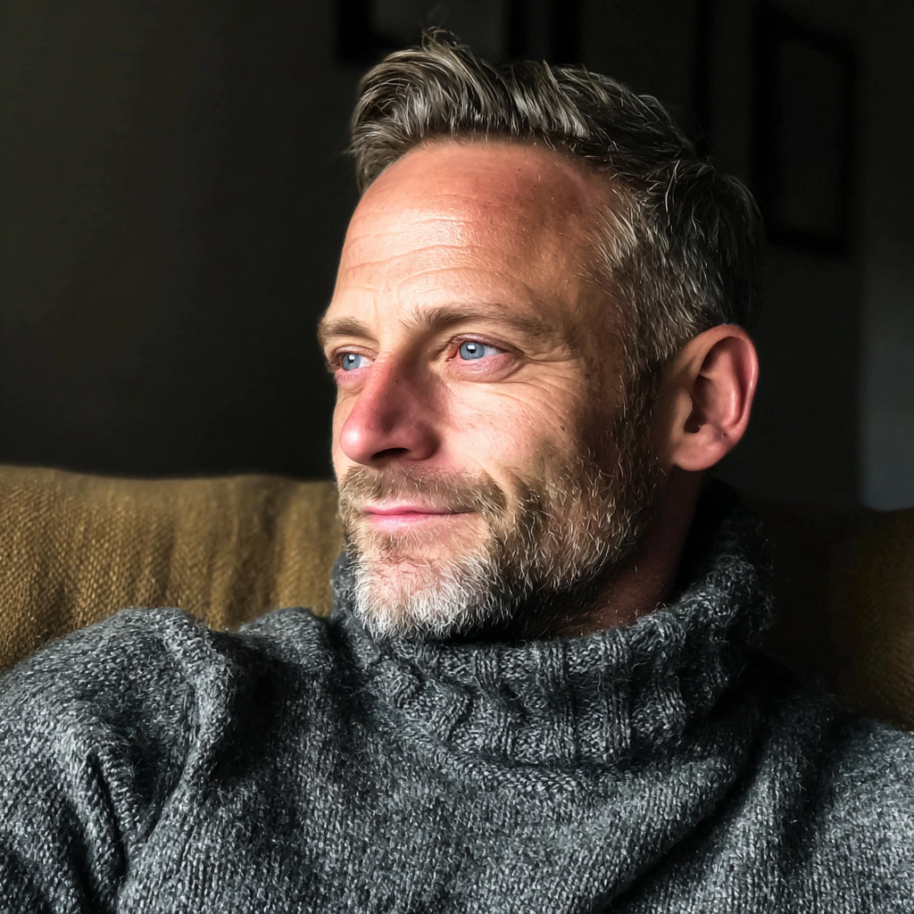 A smiling man sitting on a couch | Source: Midjourney