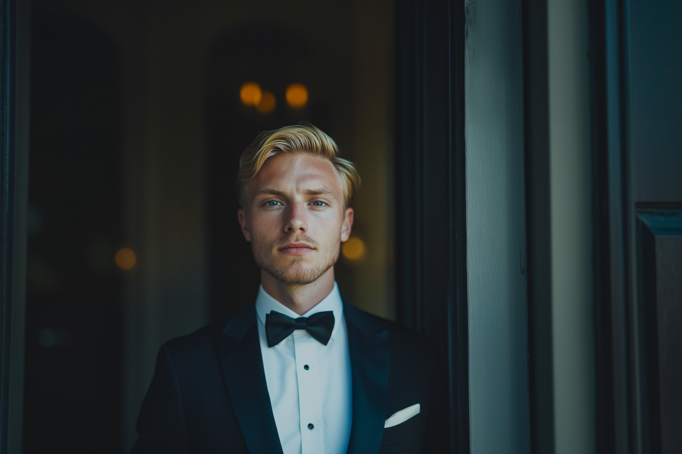 A stern man standing in a building entrance | Source: Midjourney