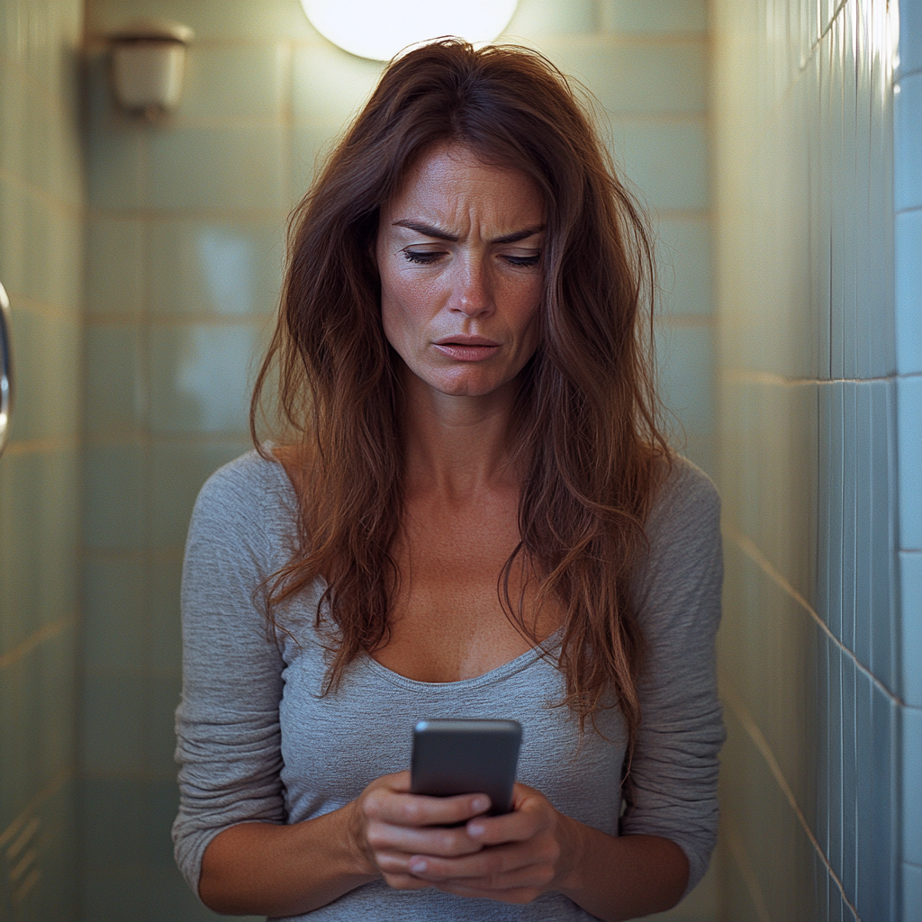 An upset woman staring at her phone | Source: Midjourney