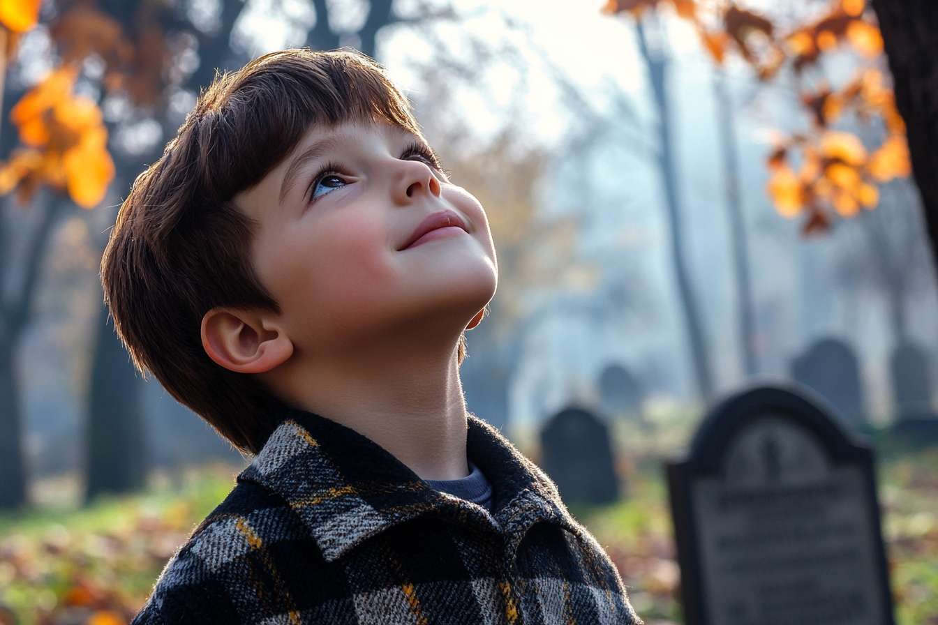 A boy in a cemetery smiling up at someone | Source: Midjourney