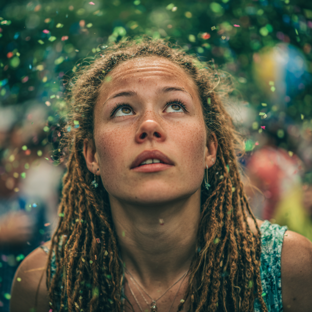 A woman looks up as confetti falls around her | Source: Midjourney