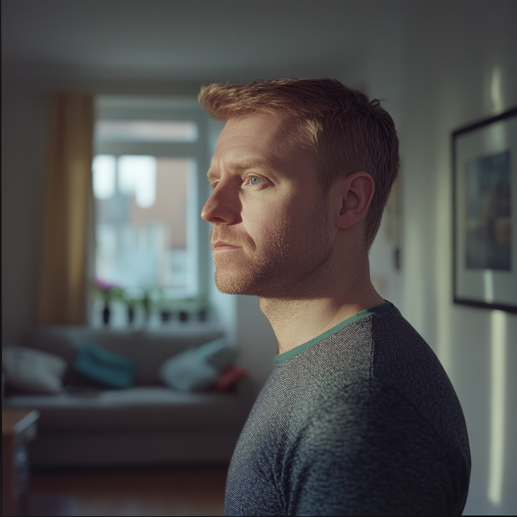 A man standing in a living room | Source: Midjourney