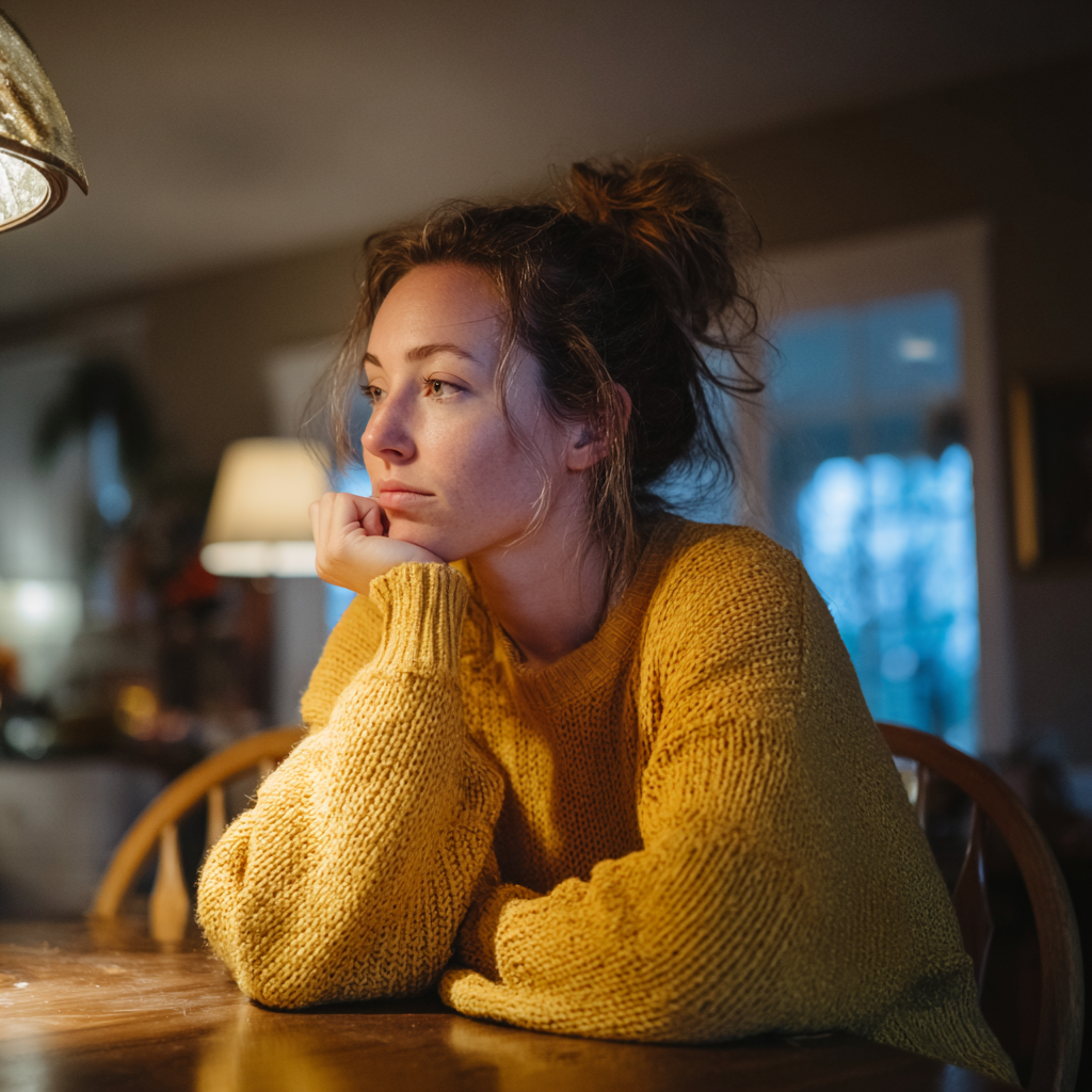 A woman looking across a table | Source: Midjourney