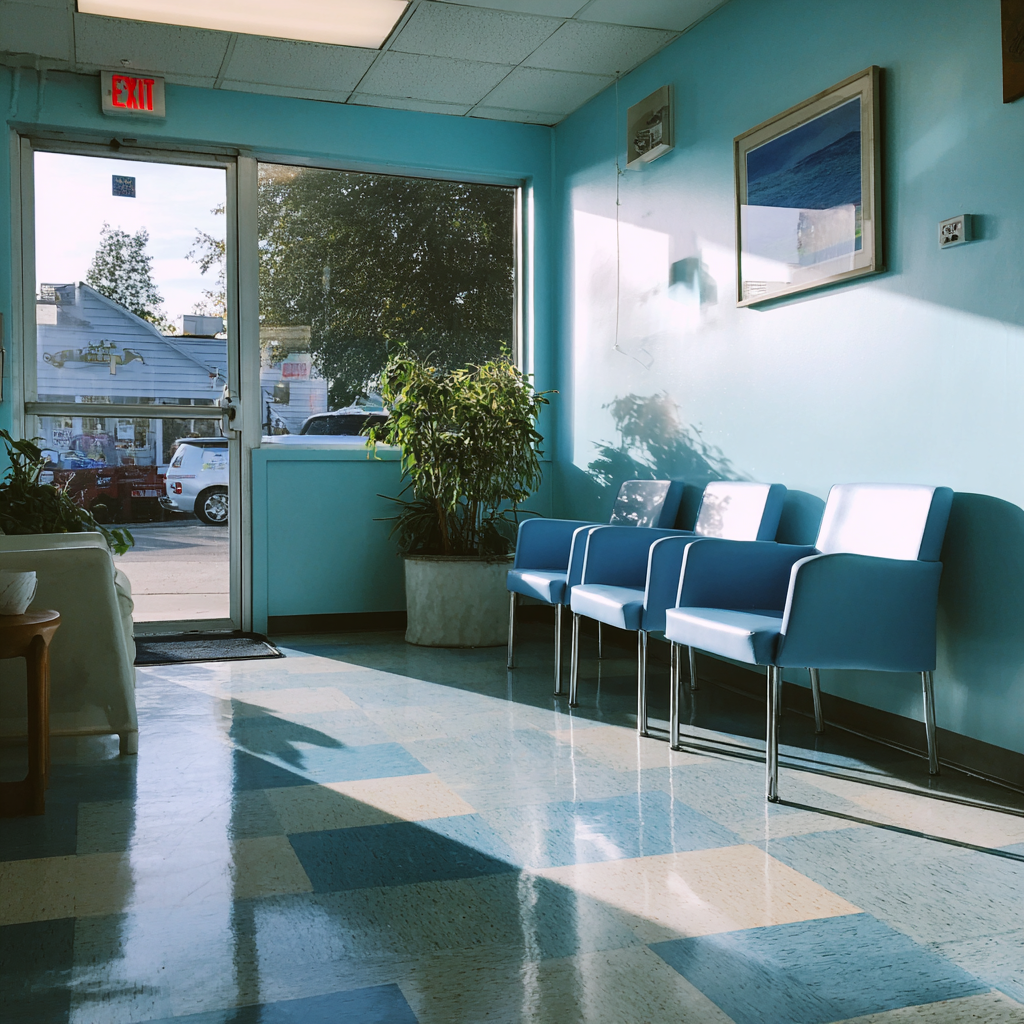 The interior of a vet clinic waiting room | Source: Midjourney