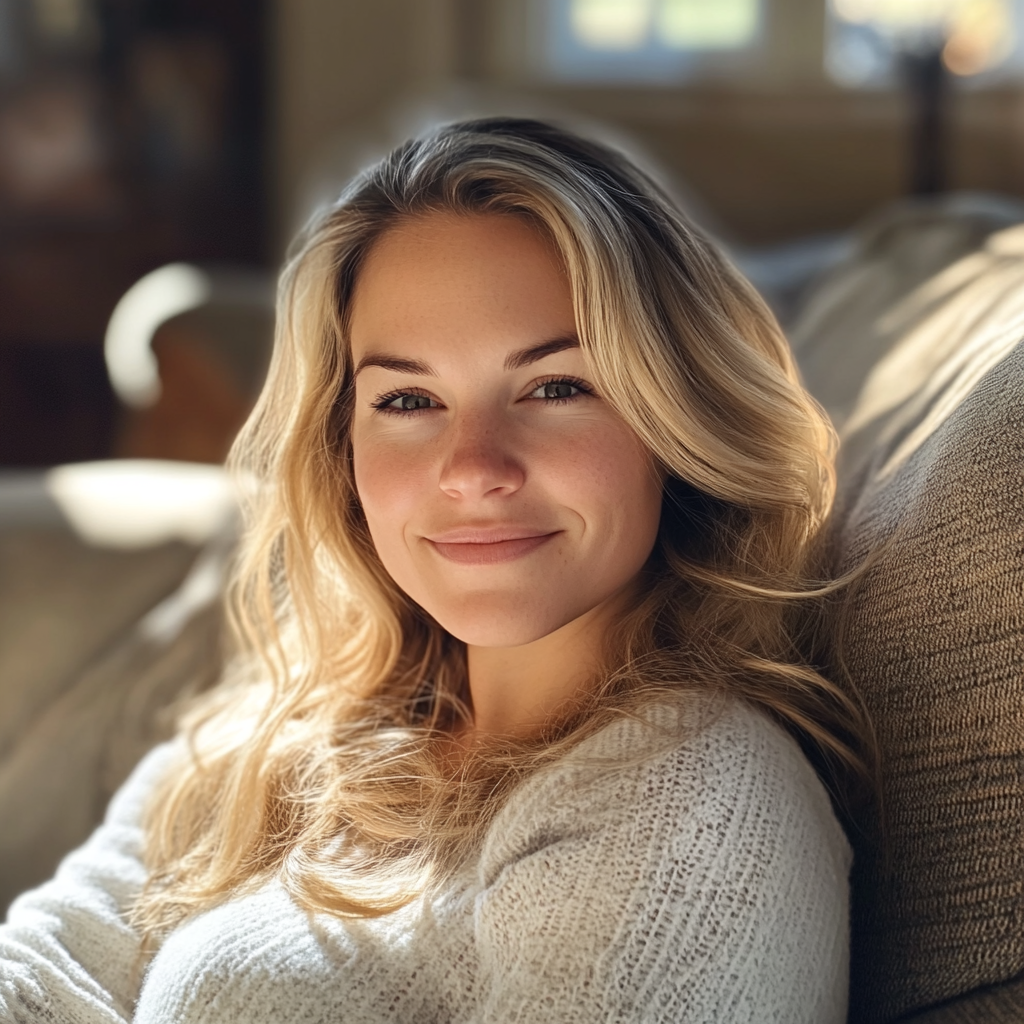 A smiling woman resting on a couch | Source: Midjourney