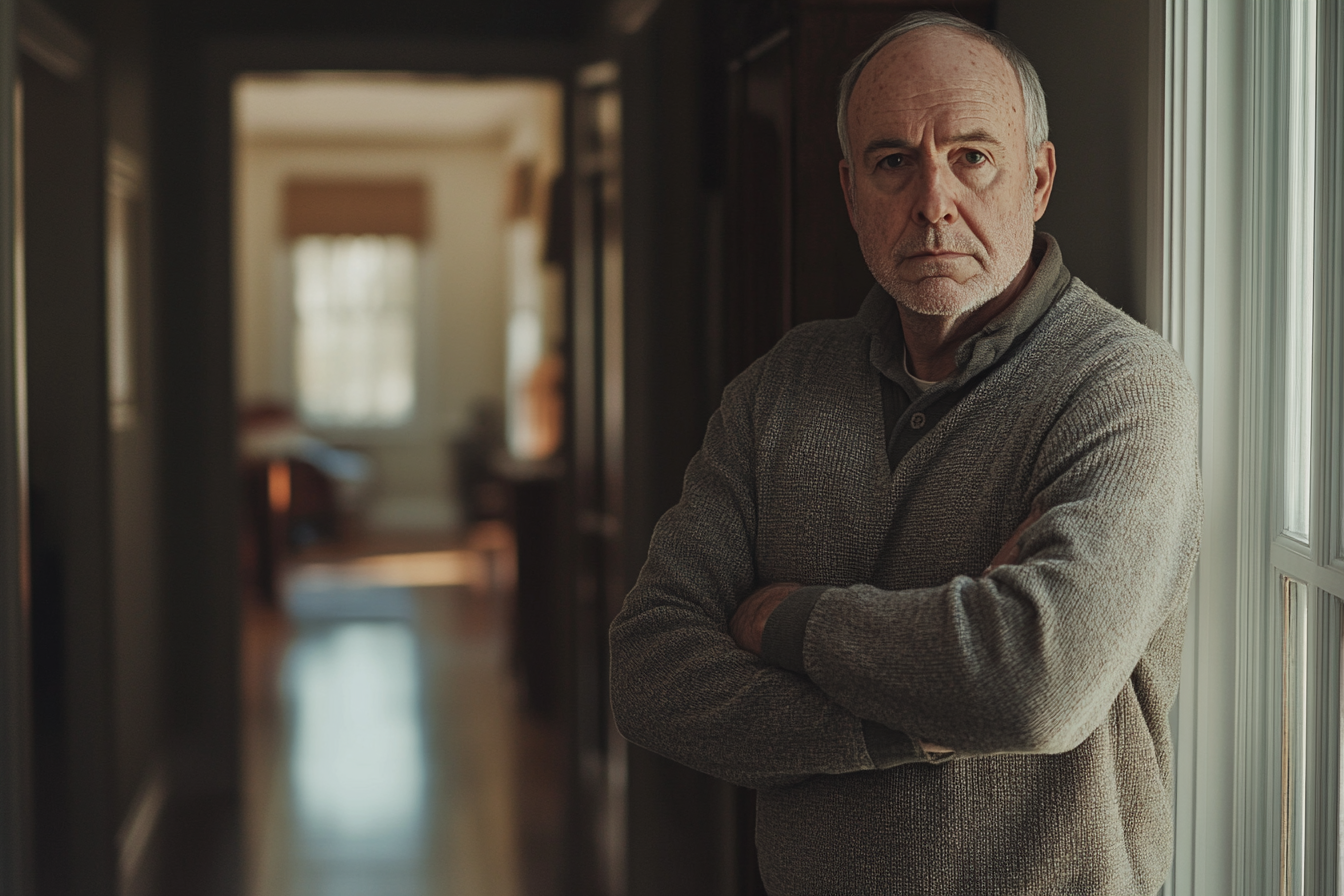 Man in his 60s standing with his arms crossed in the hallway of a home | Source: Midjourney