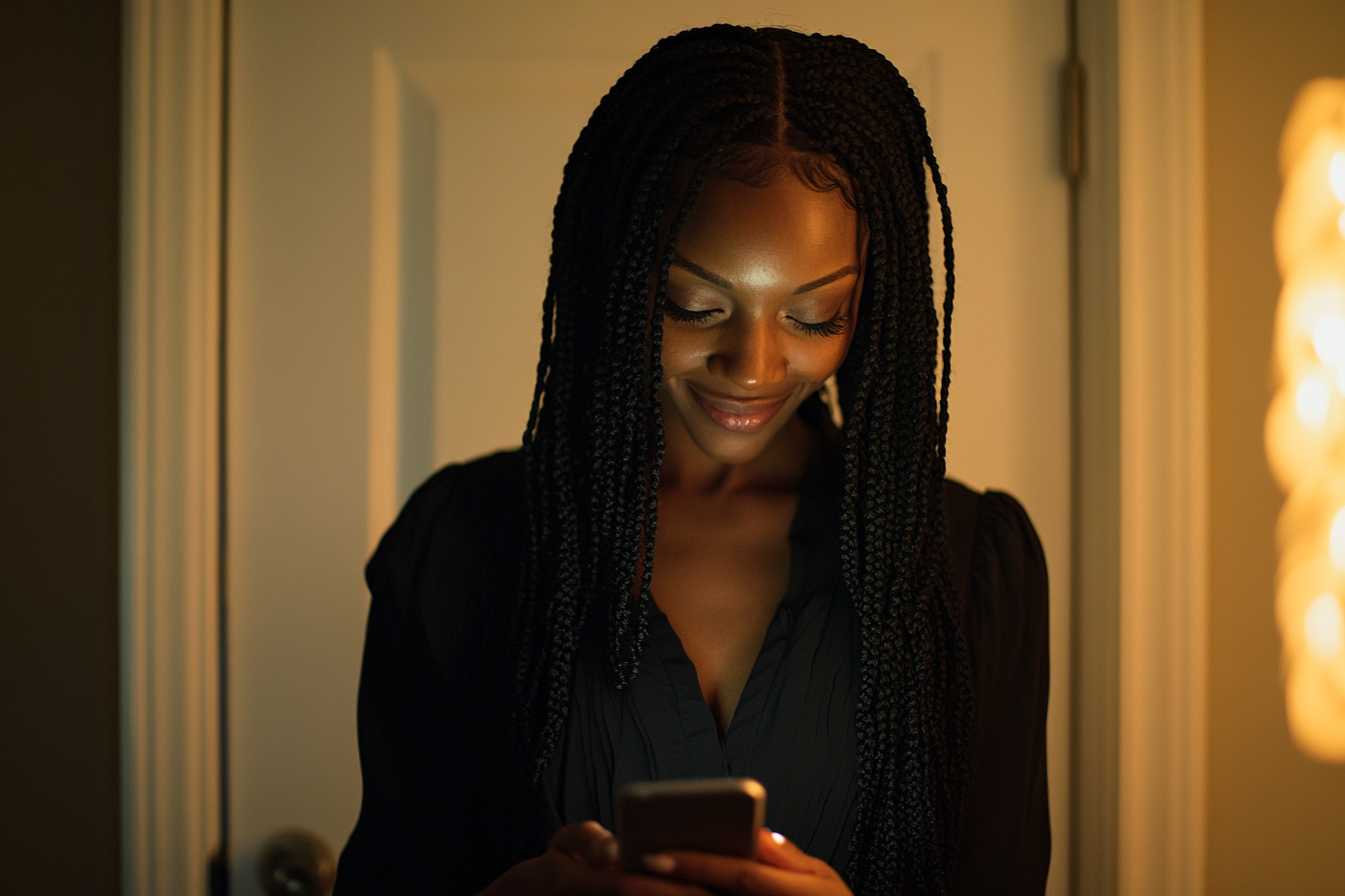 A woman in a living room, smiling while texting | Source: Midjourney