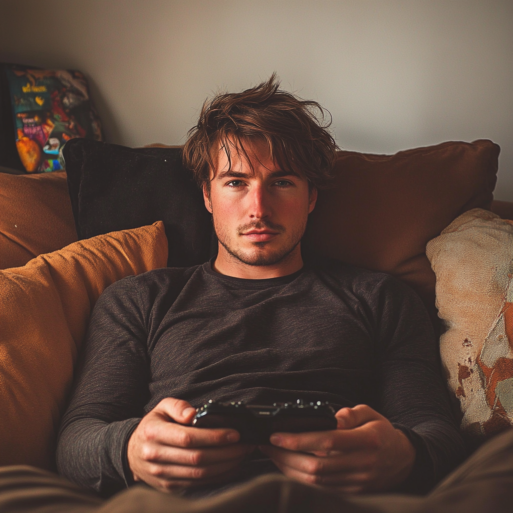 A man sitting on a couch and gaming | Source: Midjourney