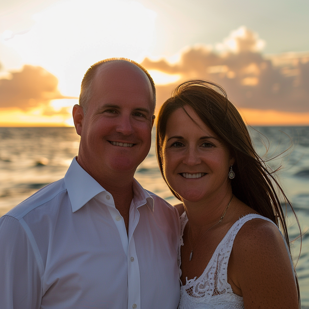 A couple posing for a photo against the backdrop of the sea | Source: Midjourney