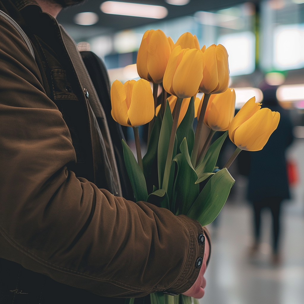 Un homme tenant des tulipes jaunes | Source : Midjourney