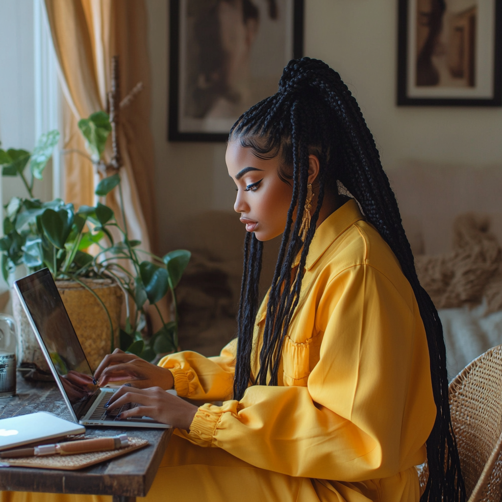 A woman using a laptop | Source: Midjourney