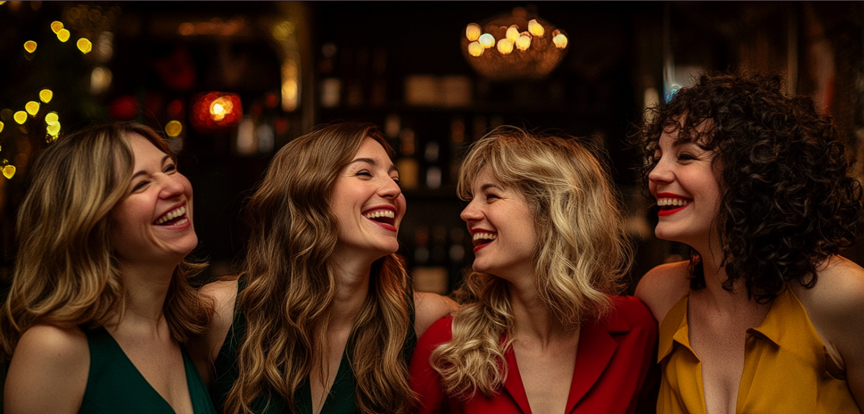 A group of four women laughing together | Source: Midjourney