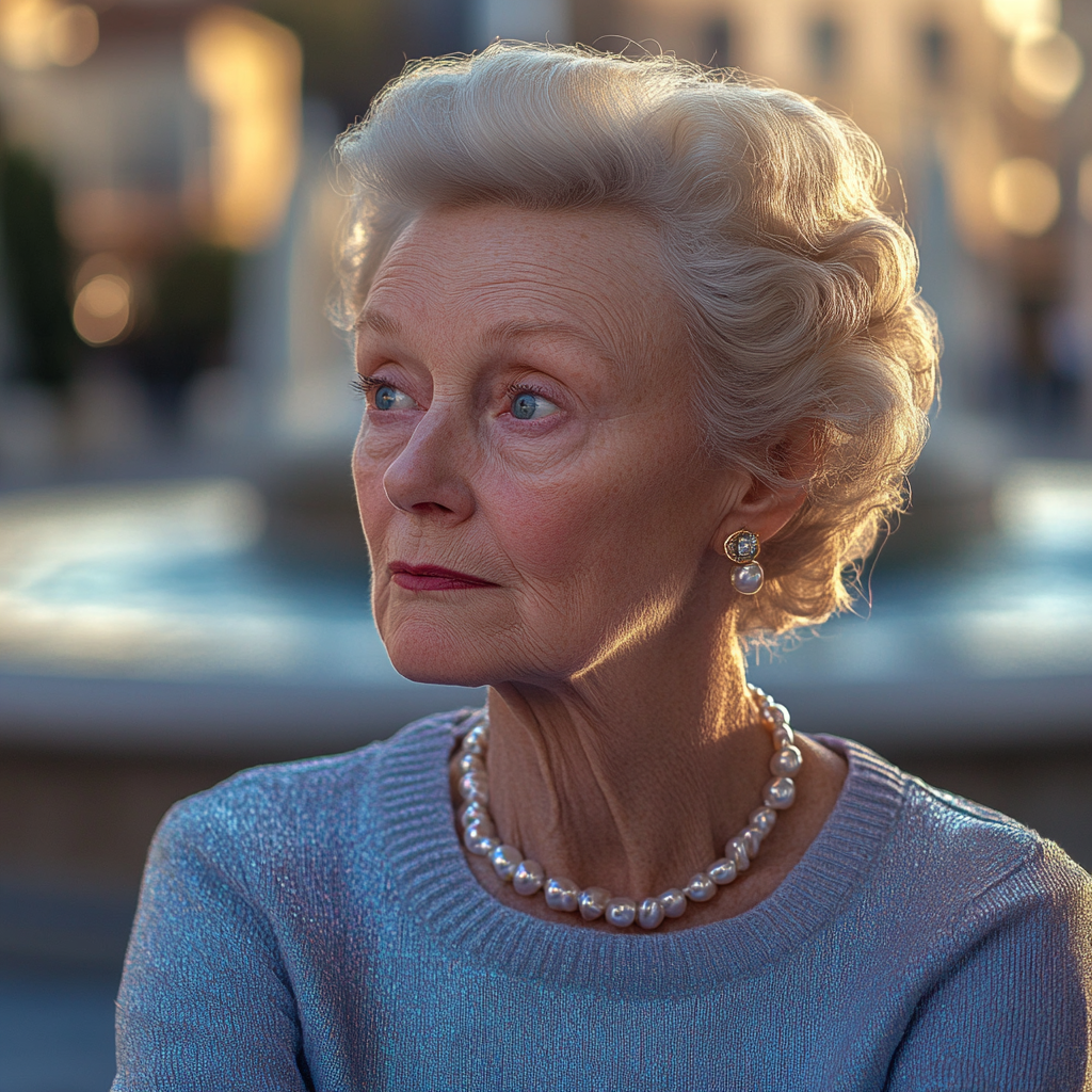 An emotional older woman sitting on the edge of a fountain | Source: Midjourney