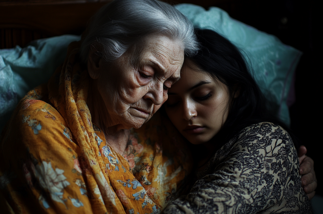 A woman lying beside her mother | Source: Midjourney