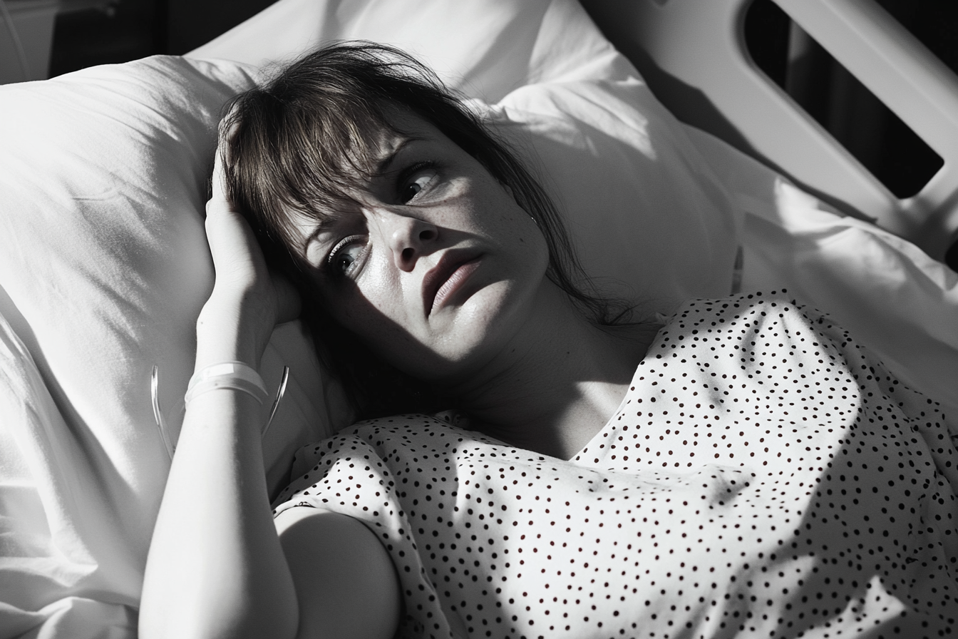 A woman in a hospital bed staring at someone | Source: Midjourney