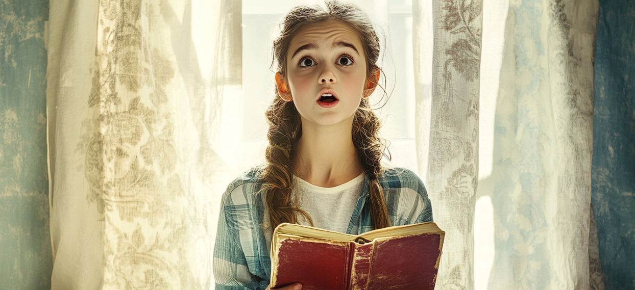 A girl holding an open book looking surprised | Source: Midjourney