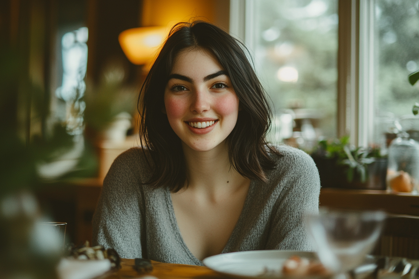 A woman smiling at the breakfast table | Source: Midjourney