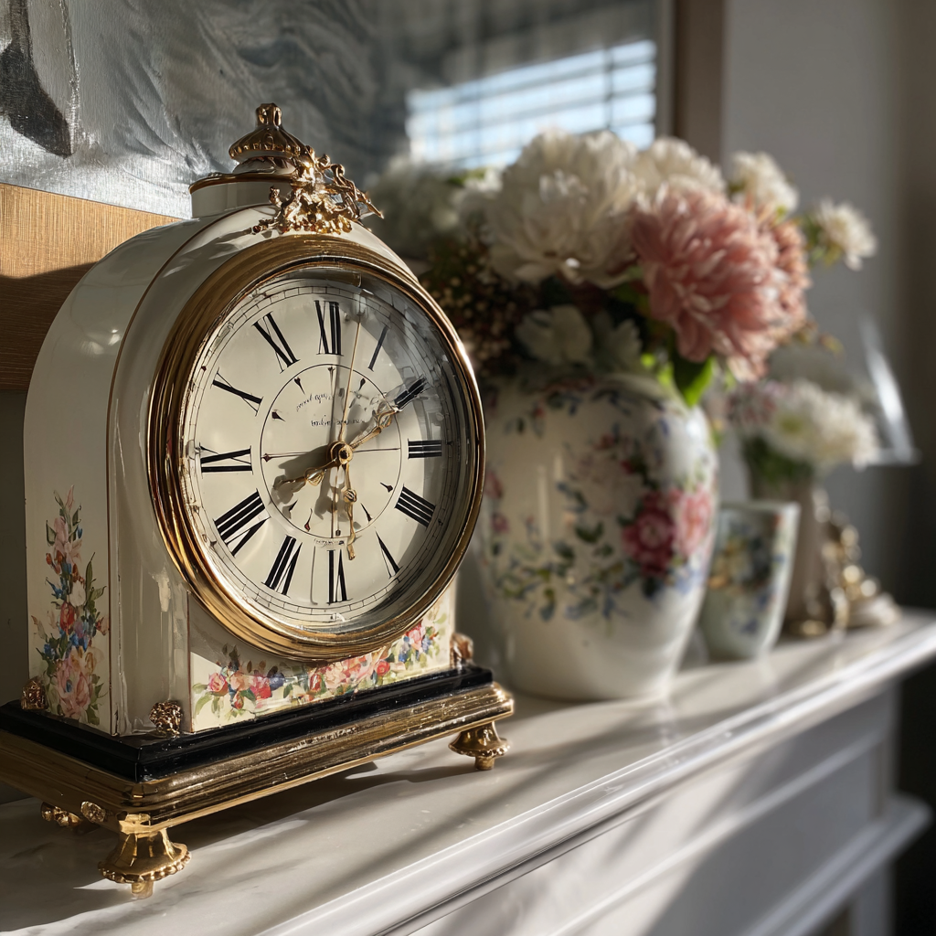 A vintage clock on a mantle | Source: Midjourney
