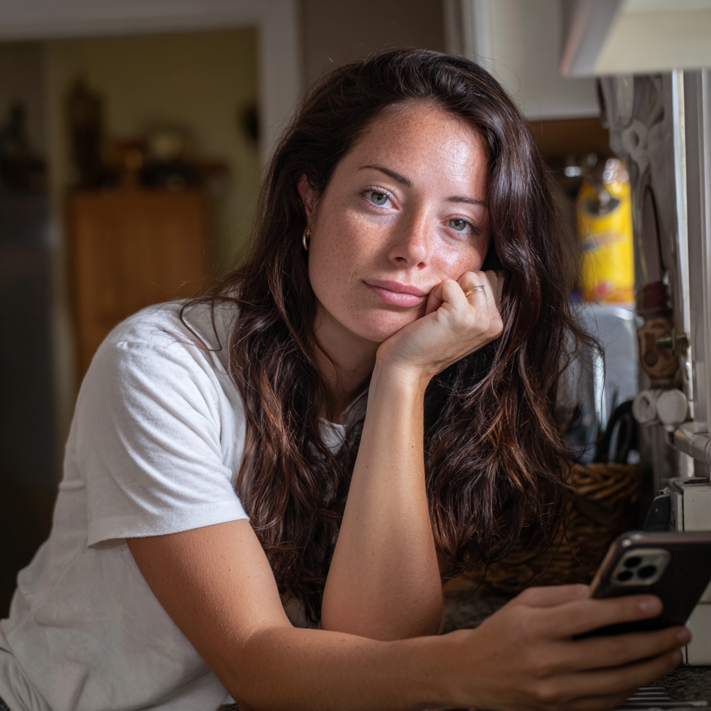 A pensive woman leaning against a counter | Source: Midjourney
