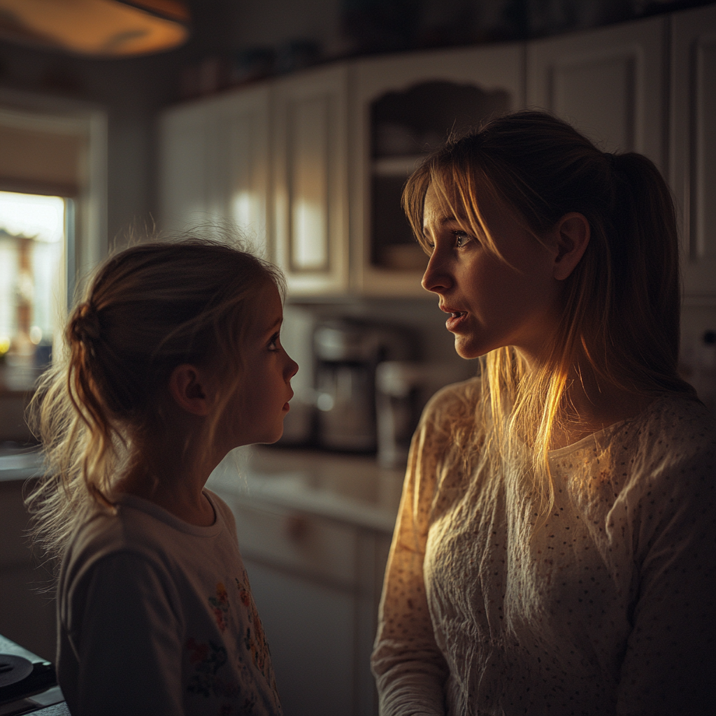 A worried little girl talking to her mother | Source: Midjourney