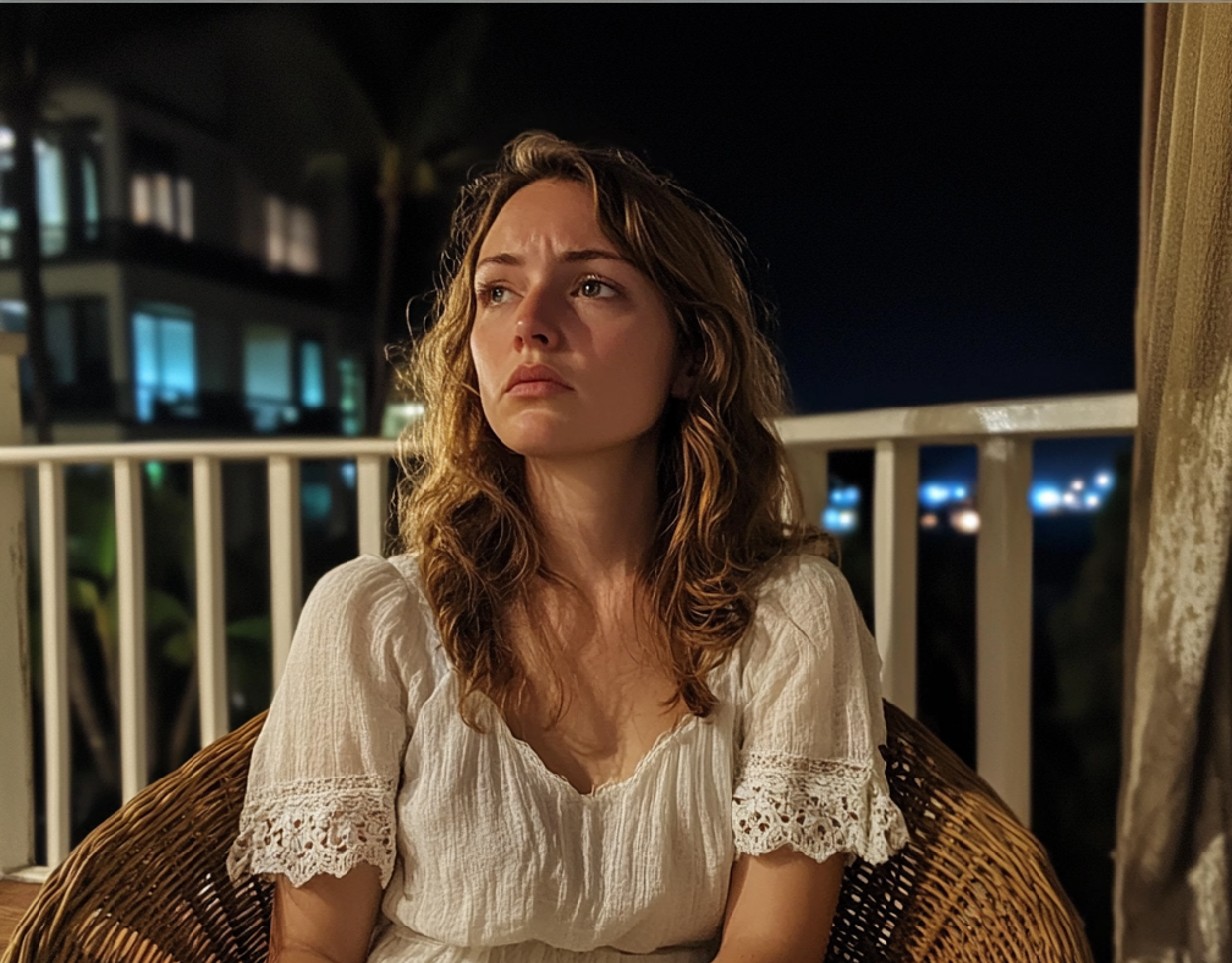 A close up of an emotional woman wearing a white dress | Source: Midjourney