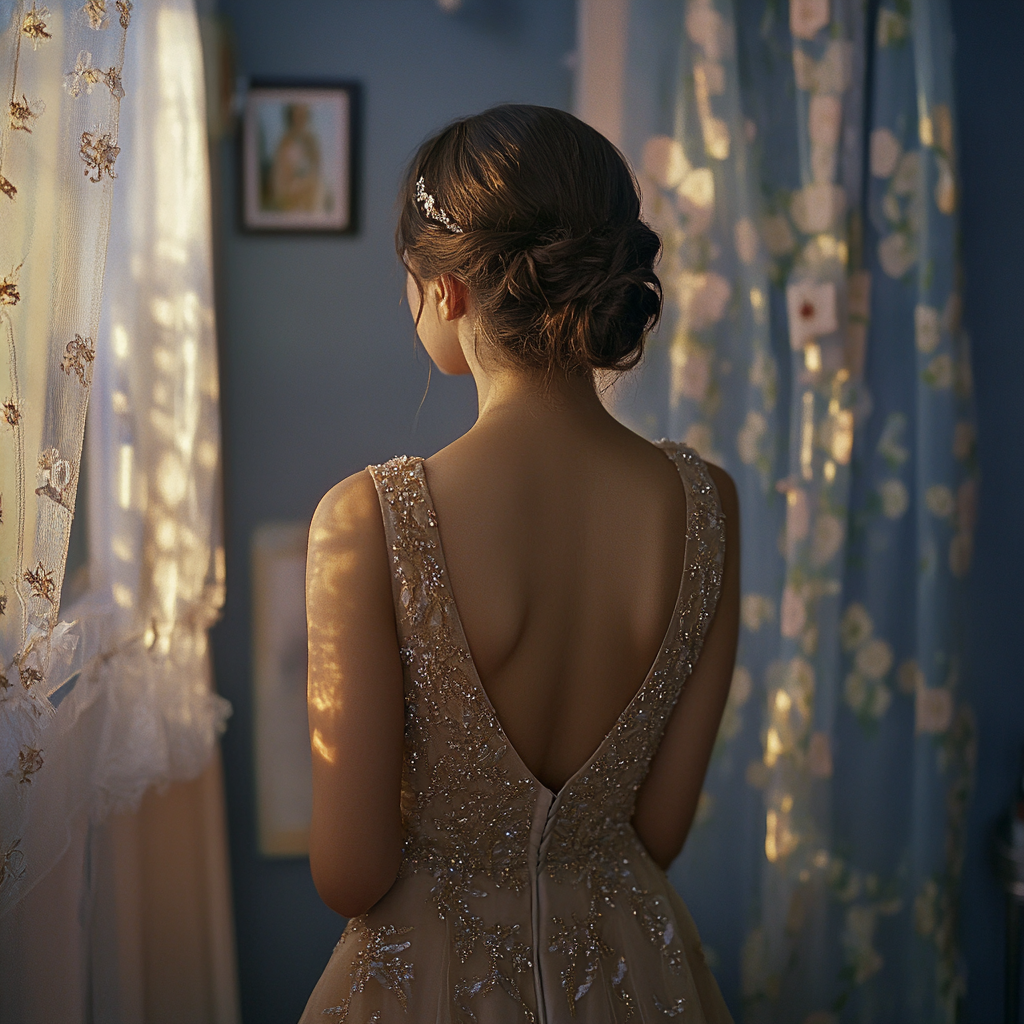 A young woman in her prom dress | Source: Midjourney