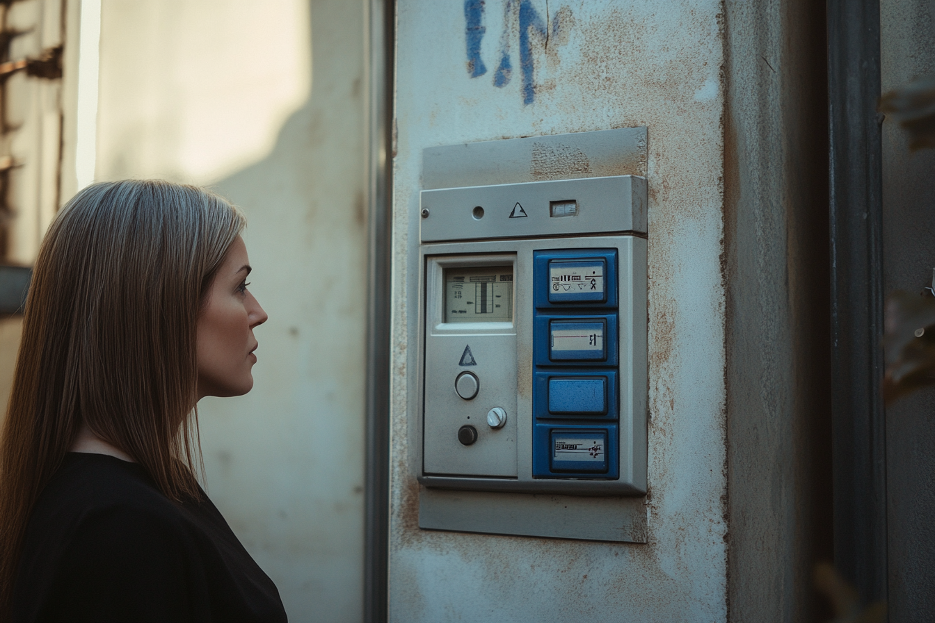 A woman speaking into a building's intercom system | Source: Midjourney