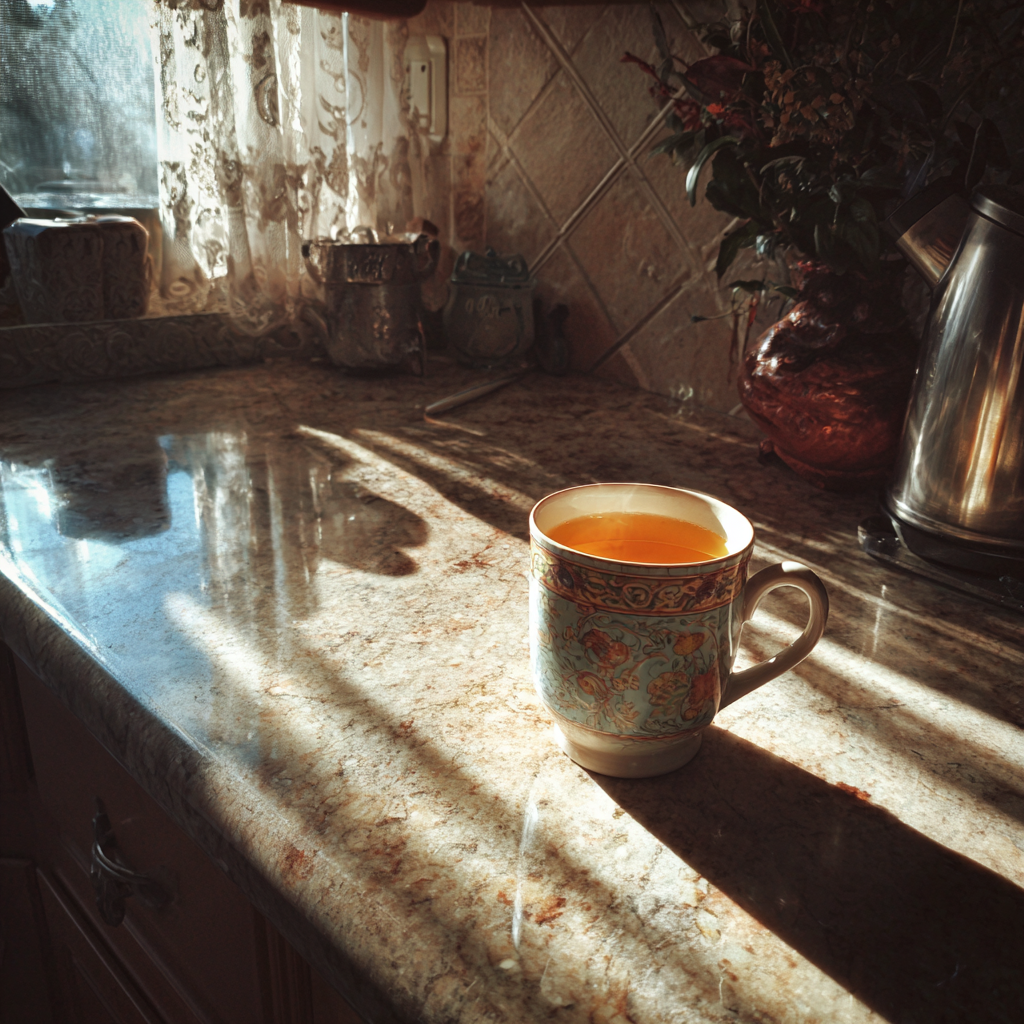 A cup of tea on a counter | Source: Midjourney