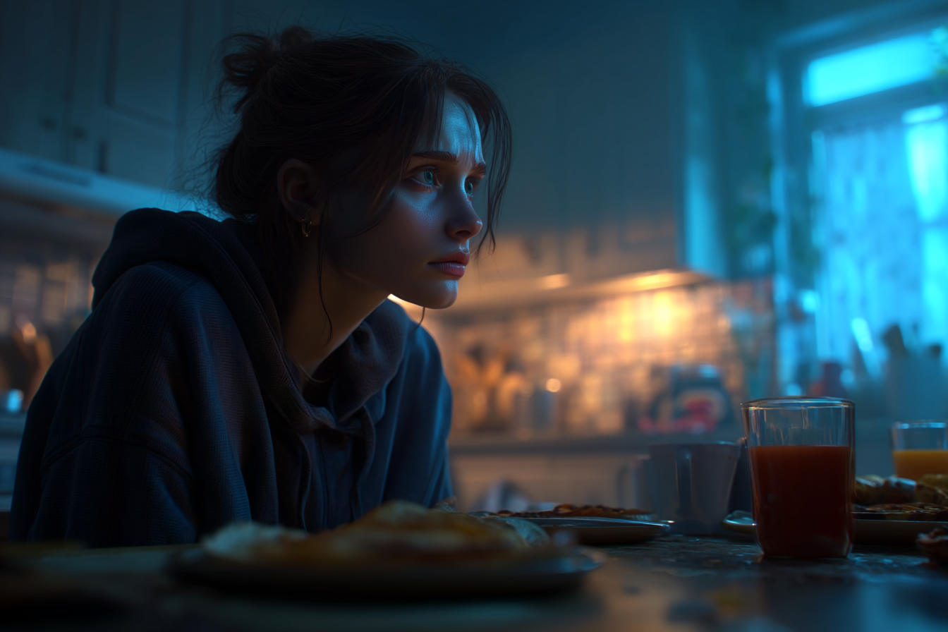 A woman sitting in the kitchen | Source: Midjourney