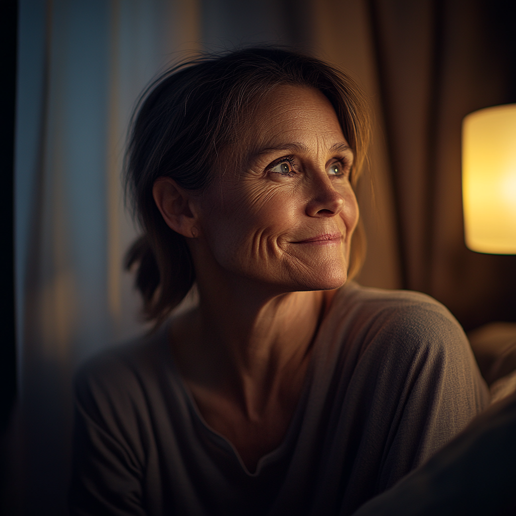 A smiling senior woman in the bedroom | Source: Midjourney