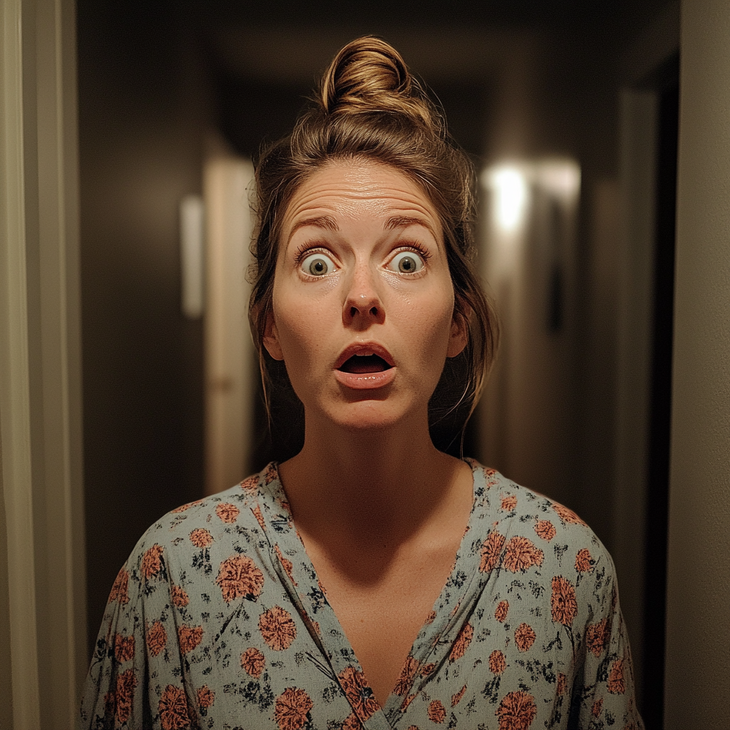 A shocked woman standing in a hallway | Source: Midjourney