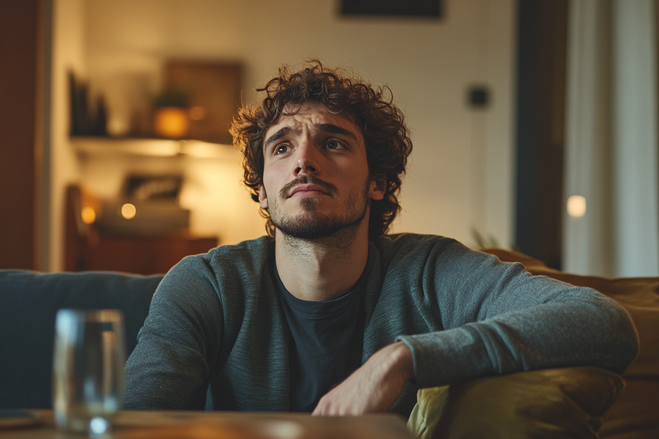 A man seated at a dinner table holding back tears | Source: Midjourney