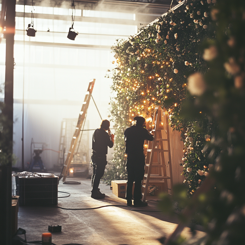 A wedding venue getting decorated | Source: Midjourney