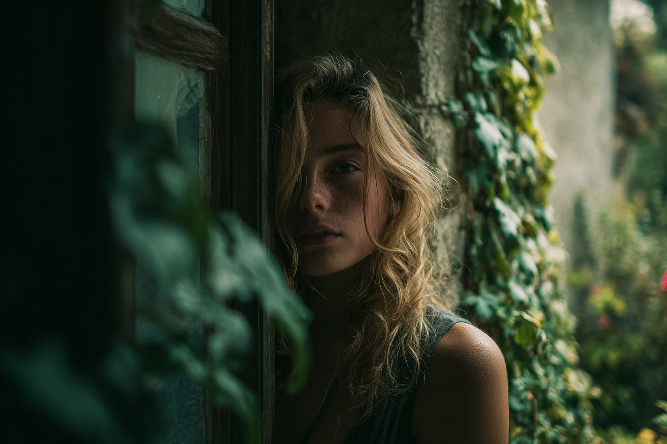 Uma mulher em pé contra a parede ao lado de uma janela | Fonte: Midjourney
